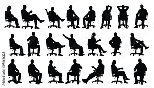 Vector set of silhouettes of people sitting in office chairs in various poses