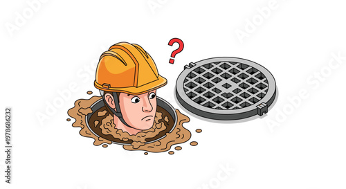 Illustration of a confused construction worker wearing an orange hard hat peeking his head out of a muddy sewer manhole.