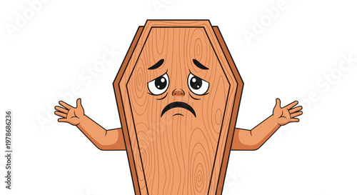 Personified wooden coffin character with a sad facial expression and open arms reaching out on a plain white background.