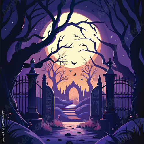 Spooky Halloween gate, moonlit haunted house, eerie landscape, purple night
