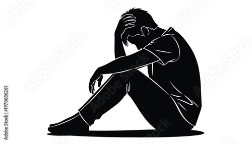 Vector silhouette of a depressed man sitting on the floor with his head in his hands, expressing sadness, grief, loneliness, and mental health struggle