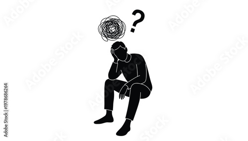 Vector silhouette of a confused person sitting with a tangled mess of thoughts and a question mark above their head, representing mental struggle