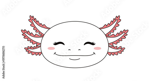 Cute and simple cartoon illustration of a smiling pink axolotl face with pink gills and happy closed eyes on a white background.