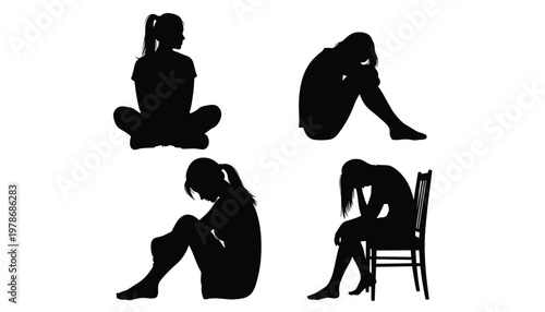 Vector set of silhouettes of a depressed woman