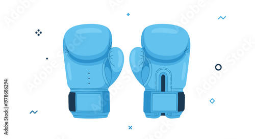 Pair of bright blue professional boxing gloves shown from the front and back against a white background with abstract elements.