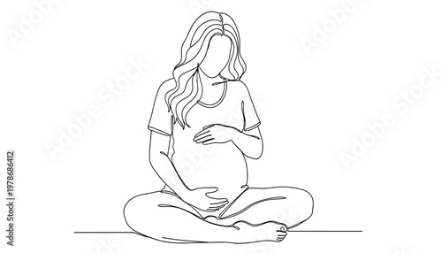 Vector continuous line drawing of a pregnant woman sitting in a crosslegged position and holding her belly