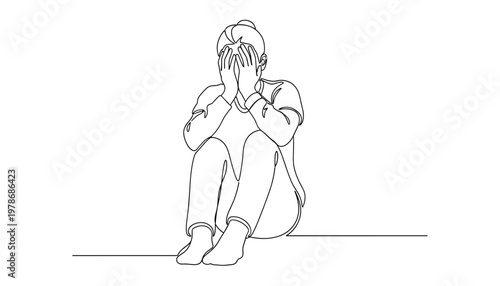 Vector continuous line drawing of a sad person sitting on the floor with hands covering their face, expressing depression, grief, or anxiety