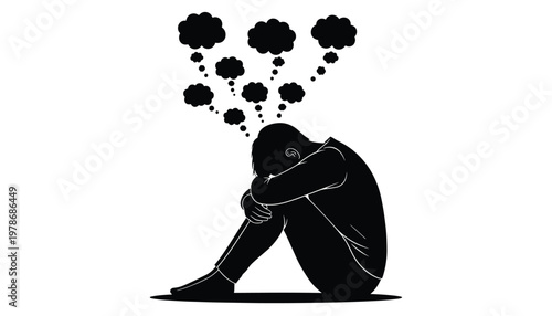 Vector silhouette of a depressed person sitting with head down and many thought bubbles above, representing anxiety, stress, and mental health struggles