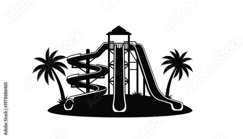 Vector water park slides tropical island with water slides and palm trees illustration, summer vacation and amusement park concept