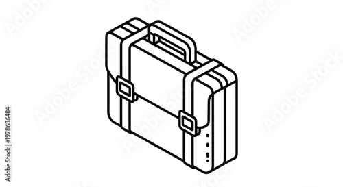 Simple black and white line drawing of a professional business briefcase with straps and handles shown in perspective.