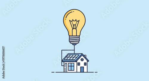 Conceptual illustration of a small house with solar panels on the roof connected to and powering a giant glowing light bulb.