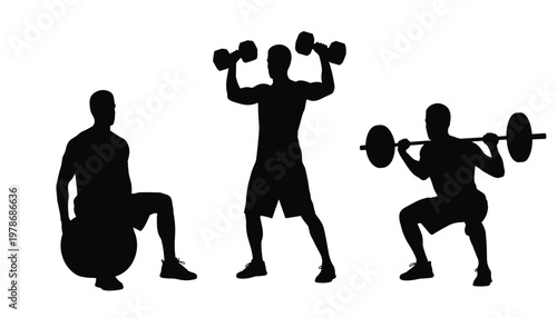 Vector silhouettes of a man exercising with dumbbells, a barbell, and a medicine ball