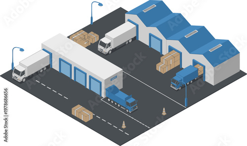 Isometric logistics hub with warehouse buildings and delivery trucks illustration