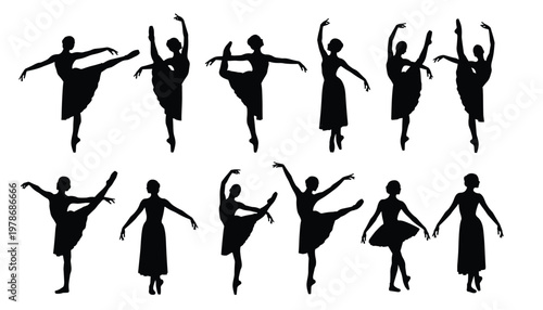 Vector set of silhouettes of a ballerina in various dance poses