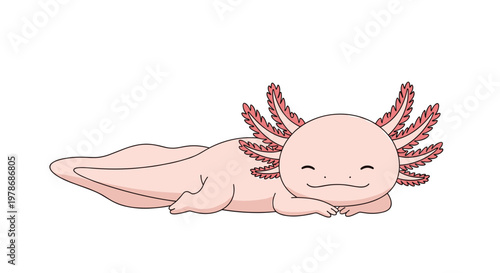 Adorable pink axolotl character shown full body lying flat on its stomach with a happy peaceful expression and closed eyes.