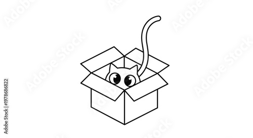 Minimalist black and white line art drawing of a curious cat peeking its head and long tail out of an open cardboard box.