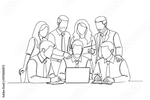 Business team collaboration and brainstorming session line art illustration.