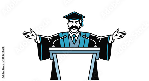 Professor wearing a traditional black academic gown and graduation cap stands at a podium with arms spread wide during a university ceremony.