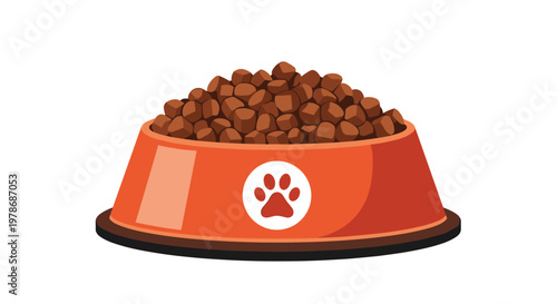 Orange plastic dog bowl featuring a white paw print logo is filled to the brim with brown dry kibble pet food for a healthy and nutritious meal.