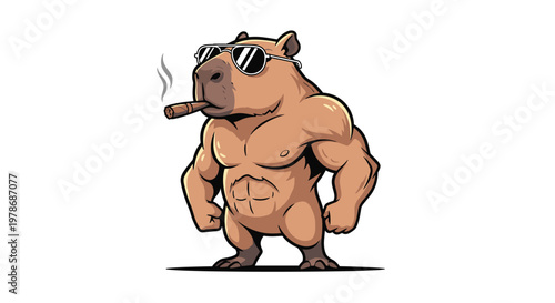 Muscular capybara bodybuilder wearing cool sunglasses and smoking a large cigar stands in a confident pose showing off his strong physique and abs.