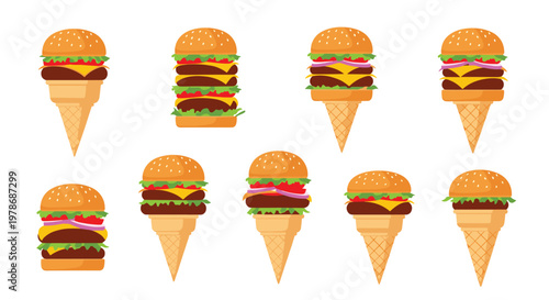 Creative set of various delicious hamburgers served in waffle ice cream cones instead of traditional bread buns for a unique food fusion concept.