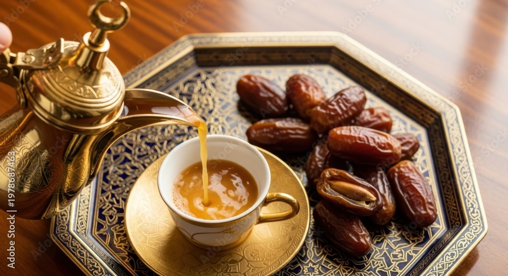 Fototapeta premium Traditional Arabic coffee being poured from a Dallah with sweet dates, symbolizing Kuwaiti hospitality.