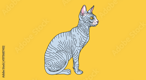 Hairless grey sphynx cat sits gracefully against a solid bright yellow background in a clean studio shot showing its unique skin and large ears.