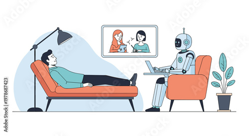 Man lies on an orange therapy couch while a robot psychiatrist takes notes on a laptop during a virtual mental health session in a modern office.