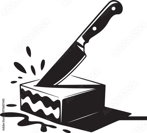 Knife cutting slice of fudge with splatter illustration preparation