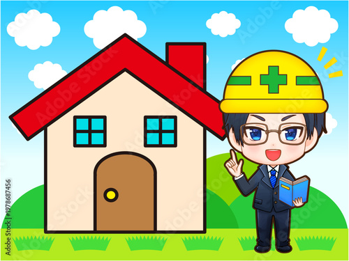マイホームを建てる会社員のちびキャライラスト素材2