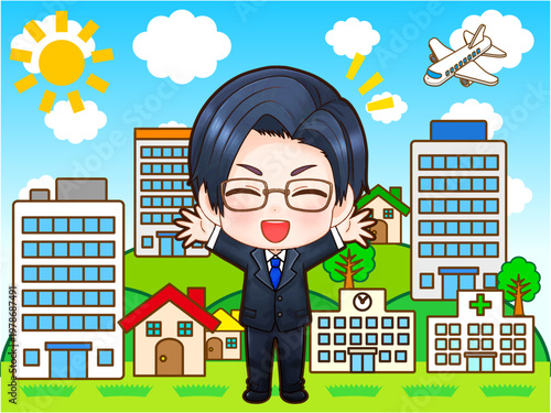 都市開発をする建築会社の会社員のちびキャライラスト素材4