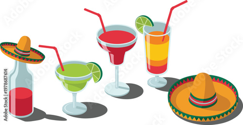 Isometric Mexican drinks set with margarita cocktails tequila bottle lime and sombrero for festive design