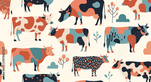 Vibrant seamless pattern depicts various colorful spotted cows grazing in a meadow with abstract trees and bushes in a charming rural landscape.