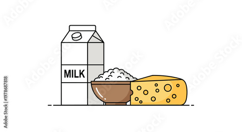Nutritional set features a carton of fresh milk a bowl of cottage cheese and a large wedge of yellow Swiss cheese with holes for healthy eating.