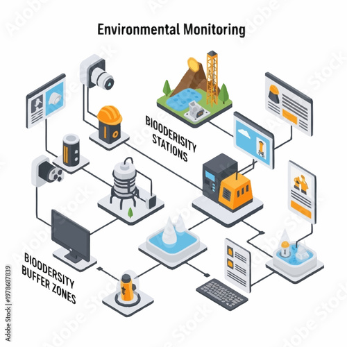 Environmental monitoring system with stations and buffer zones.