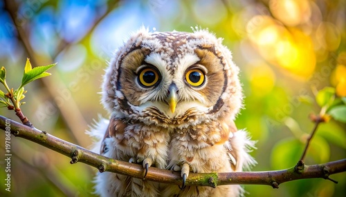 Young tawny owl fledgling perched on tree branch in golden sunlight