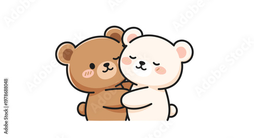 Adorable cartoon illustration of a brown bear and a white bear sharing a warm and friendly embrace on a clean white background.