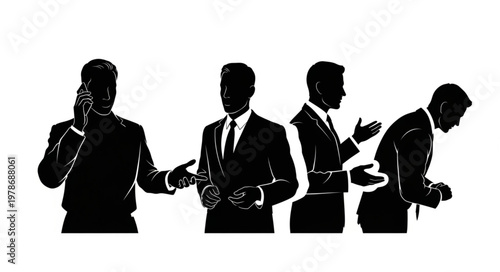 Four Businessmen Silhouettes Wearing Suits And Ties.