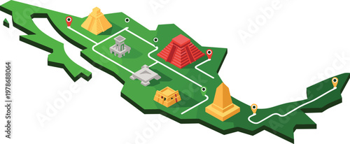 Isometric Mexico Map with Landmarks and Travel Route for Tourism Web Design