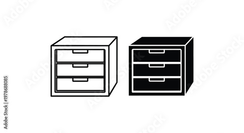 Two black and white depictions of a three drawer cabinet silhouette