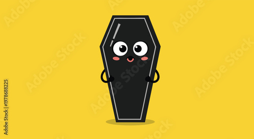 Friendly cartoon character of a black coffin with large expressive eyes and a happy smile set against a bright yellow background.