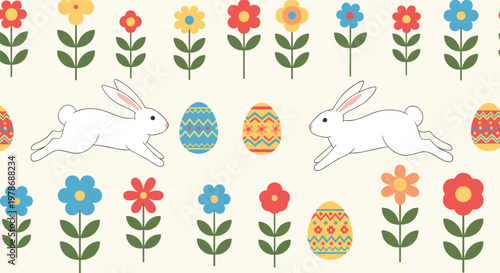 Colorful Easter-themed seamless pattern featuring white rabbits jumping among decorated eggs and vibrant flowers on a cream background.