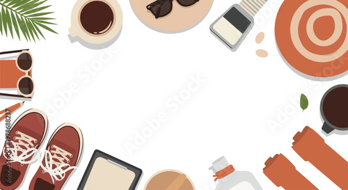Flat lay vector illustration of travel essentials like sneakers, coffee, sunglasses, and a hat arranged around a central white empty space.