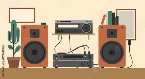 A vintage-style hi-fi audio system with wooden speakers, an amplifier, and a plant sits on a table against a minimalist cream background.