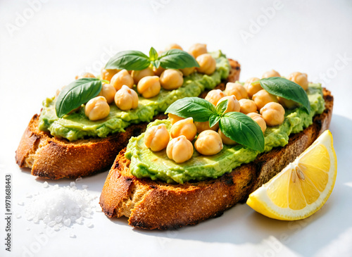 two bruschetta mashed avocado with chickpeas on white