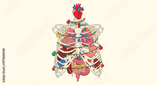 Creative medical illustration of a human ribcage and internal organs wrapped in colorful glowing Christmas string lights and ornaments.