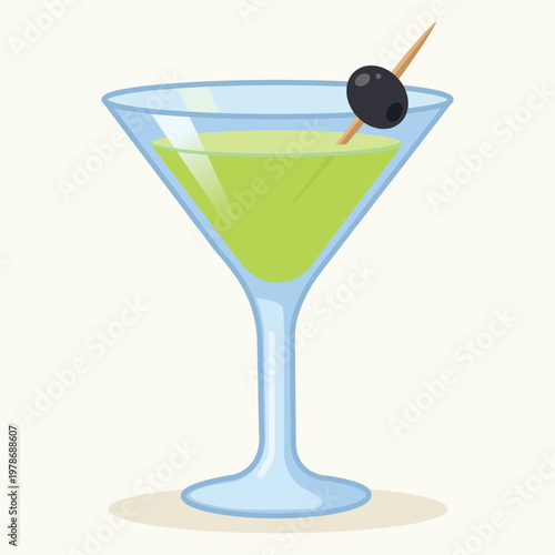 A vibrant green cocktail in a classic martini glass with an olive garnish