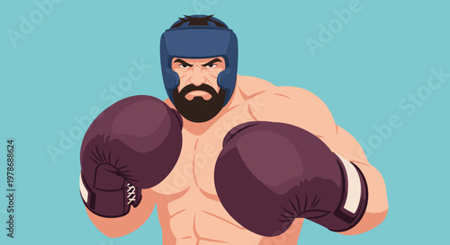 Close-up portrait of a determined bearded boxer wearing blue head protection and large boxing gloves ready for a fight.