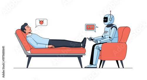 Conceptual scene showing a man lying on a therapist's couch and talking to a robot seated in an armchair representing artificial intelligence use in therapy.