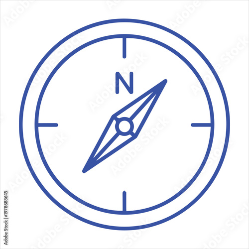 Compass rose illustrated with a simple blue outline represents navigation, travel planning, and geographical exploration for modern map interfaces.